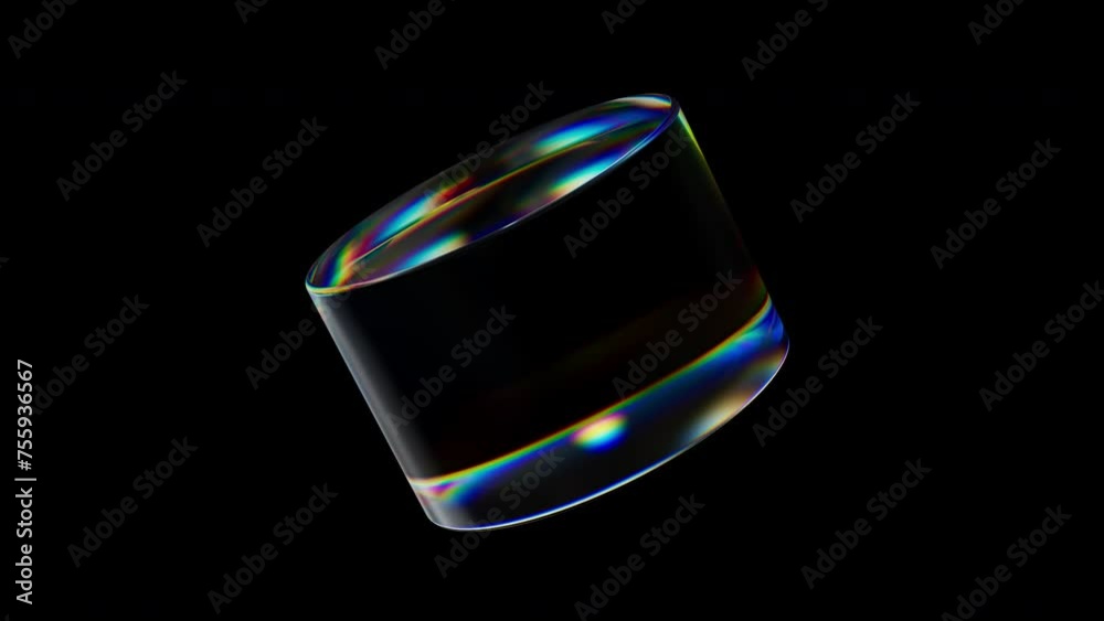 Poster 3d transparent rotating glossy cylinder with dispersion effect. rainbow colors reflection glass. 3d 
