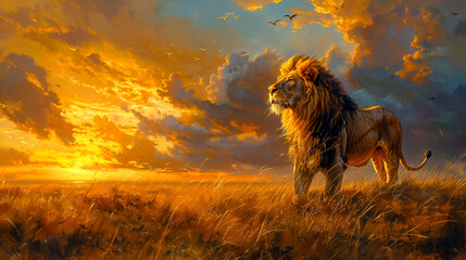Majestic Lion at Golden Hour in the Wild Savannah