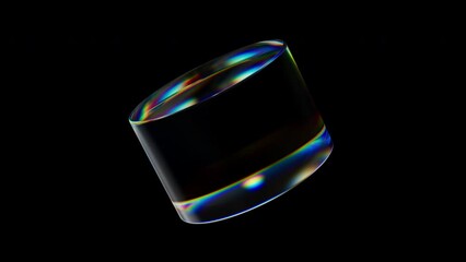 3d Transparent rotating glossy cylinder with dispersion effect. Rainbow colors reflection glass. 3d render animation loopable - Powered by Adobe