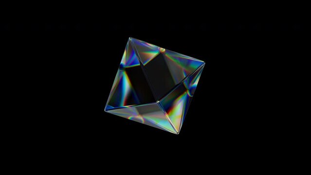3d Transparent rotating glossy geometric object with dispersion effect. Rainbow colors reflection glass. 3d render animation loopable