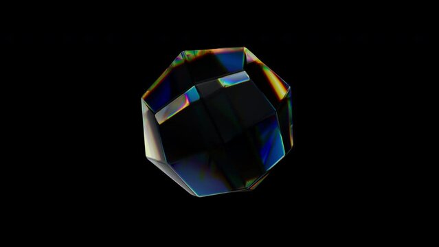 3d Transparent rotating glossy geometric object with dispersion effect. Rainbow colors reflection glass. 3d render animation loopable