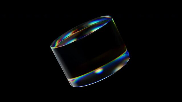3d Transparent rotating glossy cylinder with dispersion effect. Rainbow colors reflection glass. 3d render animation loopable