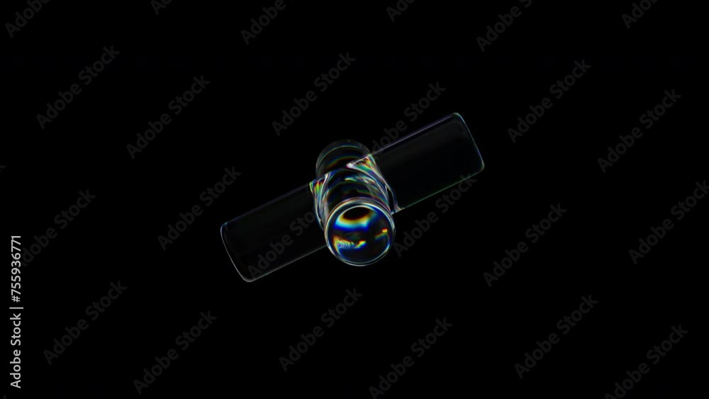 Poster 3d transparent rotating glossy cross with dispersion effect. rainbow colors reflection glass. 3d ren