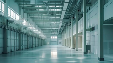 Spacious Empty Industrial Interior With High Ceiling, Large Windows