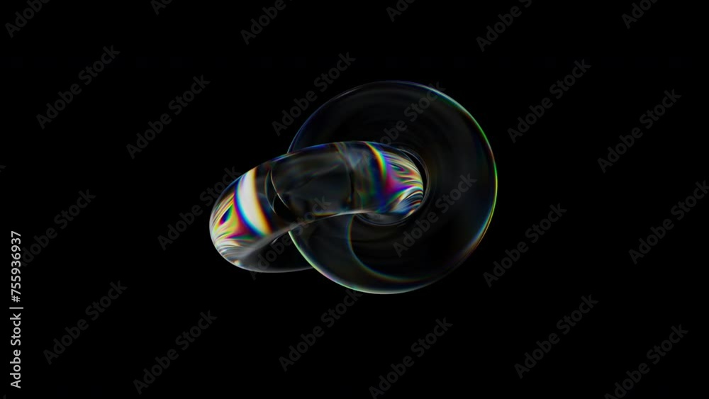 Poster 3d transparent rotating glossy connected rings with dispersion effect. rainbow colors reflection gla