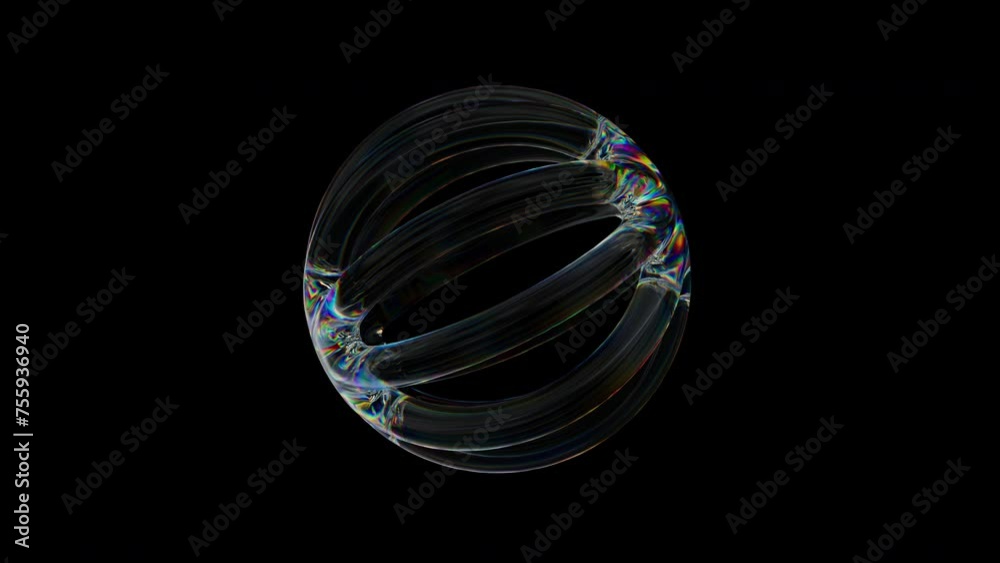 Poster 3d transparent rotating glossy wired sphere with dispersion effect. rainbow colors reflection glass.
