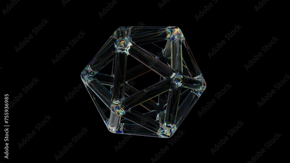Poster 3d transparent rotating glossy wired object rings with dispersion effect. rainbow colors reflection 
