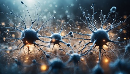 Detailed neuron cells network, signaling pathways, medical concept art