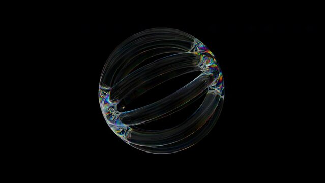 3d Transparent rotating glossy wired sphere with dispersion effect. Rainbow colors reflection glass. 3d render animation loopable