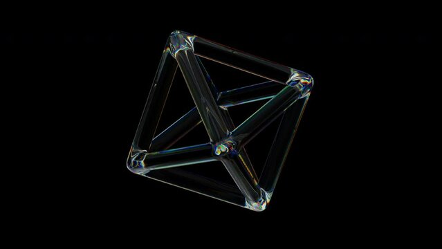 3d Transparent rotating glossy wired object rings with dispersion effect. Rainbow colors reflection glass. 3d render animation loopable