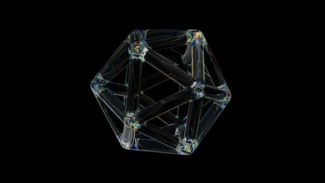 3d Transparent rotating glossy wired object rings with dispersion effect. Rainbow colors reflection glass. 3d render animation loopable