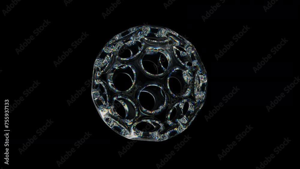 Poster 3d transparent rotating glossy sphere with holes with dispersion effect. rainbow colors reflection g