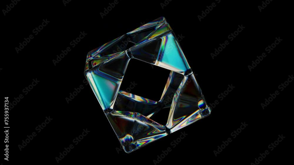 Poster 3d transparent rotating glossy cube with holes with dispersion effect. rainbow colors reflection gla