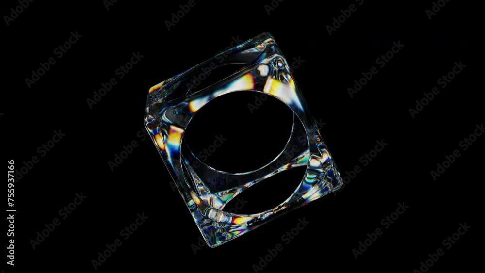 Aufkleber 3d transparent rotating glossy cube with holes with dispersion effect. rainbow colors reflection gla