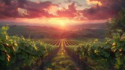 The sun sets over the lush rows of grapevines in a vineyard.