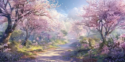 Foto op Plexiglas Beautiful landscape of cherry blossoms at the bottom, along a rocky road. Place for relaxation and walking, Beautiful view, landscape, nature, banner. © Алсу Канюшева