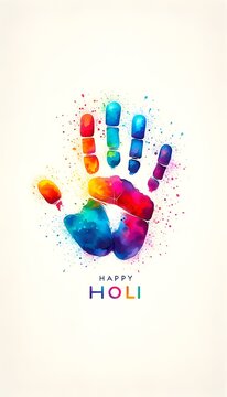 Illustration in watercolor style of a handprint made up of a colorful powders for holi.