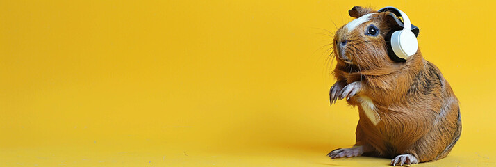 An adult brown guinea pig wearing white headphones and a microphone stands on its hind legs on a yellow background. Copy space left, banner, card.