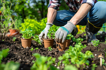 A male gardener wearing gloves plants seedlings in open ground on a sunny day. Growing seedlings, concept of growing vegetables and berries. Opening of the summer season.