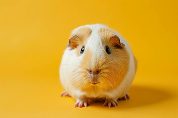 A guinea pig with white spots stands on a yellow background in the center, banner, postcard. - obrazy, fototapety, plakaty