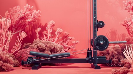 Gym equipment set up in front of a vibrant coral background