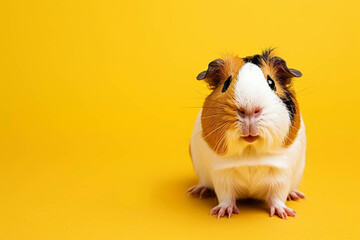 A red guinea pig with white and black spots stands on a yellow background. Copy space for left, banner, postcard. - obrazy, fototapety, plakaty