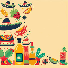 Fototapeta premium Postcard, banner for the Mexican holiday Cinco de Mayo. Illustration depicting Mexican national objects and plants, cactus, hat, maracas, guitar, flowers in bright colors