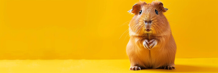 A red guinea pig stands on its hind legs on a yellow background, copy space on the left, banner, postcard.