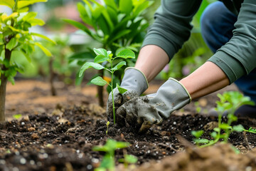 A gardener plants a small tree in open soil in a garden against a background of bushes. Cooking, the beginning of the summer season.