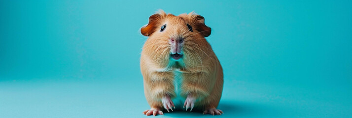 A cute plump guinea pig stands on its hind legs on a blue background in the center. Banner, postcard. - obrazy, fototapety, plakaty