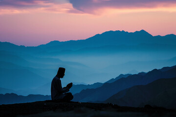 A Muslim man prays at dawn high in the mountains. Spirituality, religion. Holy month of Ramadan