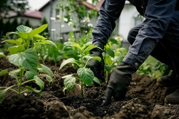 A gardener plants seedlings in open soil in a garden, with a garden and house in the background. the beginning of the summer season. - obrazy, fototapety, plakaty