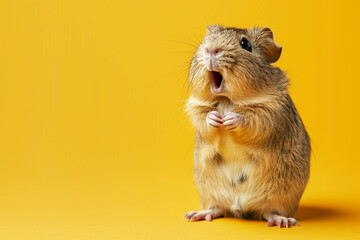 A guinea pig with his mouth open in surprise stands on his hind legs on a yellow background, copy space on the left, banner, postcard. - obrazy, fototapety, plakaty