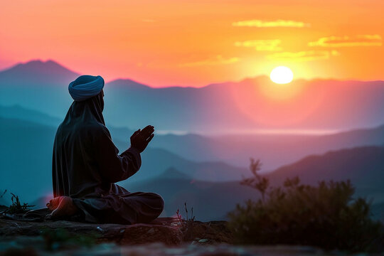 A Muslim man prays at dawn high in the mountains. Holy month of Ramadan