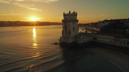Aerial view of castle tower building near river at sunset scene. AI generated image - obrazy, fototapety, plakaty