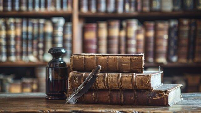 Ancient books historical with quill pen on wooden desk in old library background. AI generated image