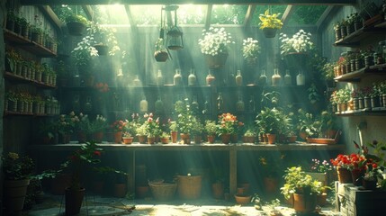 a room filled with lots of potted plants next to a wall of shelves filled with potted plants and potted plants.