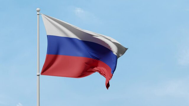 Flag of Russia with three horizontal stripes of white and blue color flutters in the wind against a sunny sky