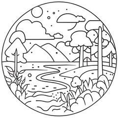 nature park scenery sticker, vector illustration line art