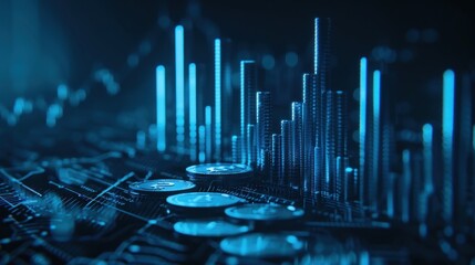 Glowing blue money coins with business diagram graph chart background. AI generated image