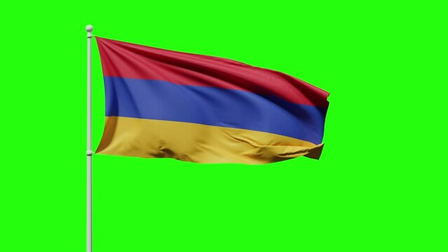 Flag of Armenia with three horizontal stripes of red, dark blue, and mustard yellow color flutters in the wind against a green screen or chroma key