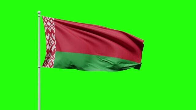 Flag of Belarus with two horizontal stripes of green and red color and traditional pattern flutters in the wind against a green screen or chroma key