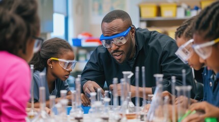 A fun event is taking place in a lab where a group of children are conducting a science experiment, using tableware, drinkware, bottles, and sharing non-alcoholic beverages. AIG41
