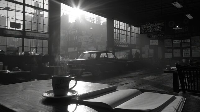 a black and white photo of a table with a cup of coffee and a book and a car in the background.