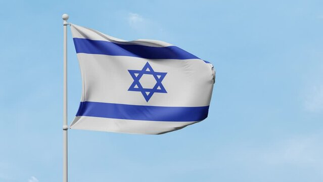Flag of Israel with a blue Star of David and stripes flutters in the wind against a blue sunny sky