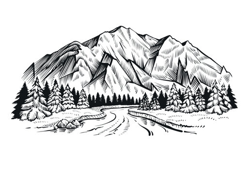 black and white mountain landscape sketch clip art preview