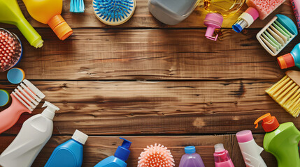Cleaning supplies neatly arranged on a wooden tab - obrazy, fototapety, plakaty