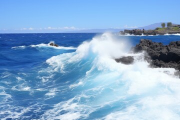 Fototapeta premium a breathtaking seascape on a sunny day , waves crash on the rocks