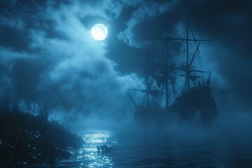 Fototapeta premium A ghostly pirate ship adrift in a foggy