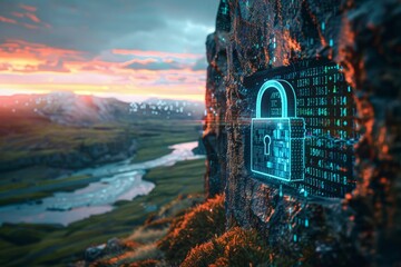 A computer padlock symbolizing cybersecurity protection is depicted attached to the side of a mountain, blending technology with nature.